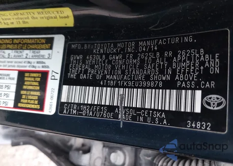 2014 Toyota Camry Se from USA, damaged, VIN 4T1BF1FK9EU399878
